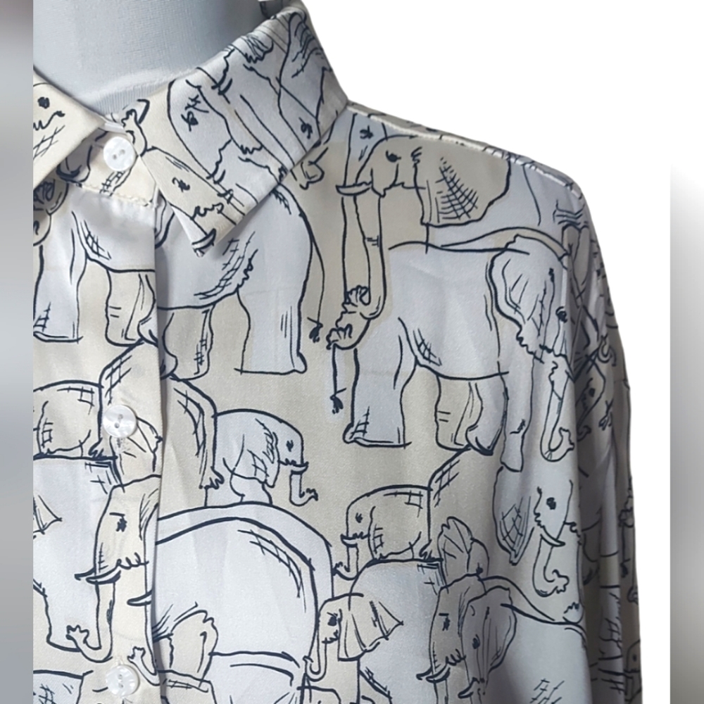 Zara Oversized Elephant Print Shirt Size M Satin Blouse White & Ivory BNWOT - Picture 1 of 8